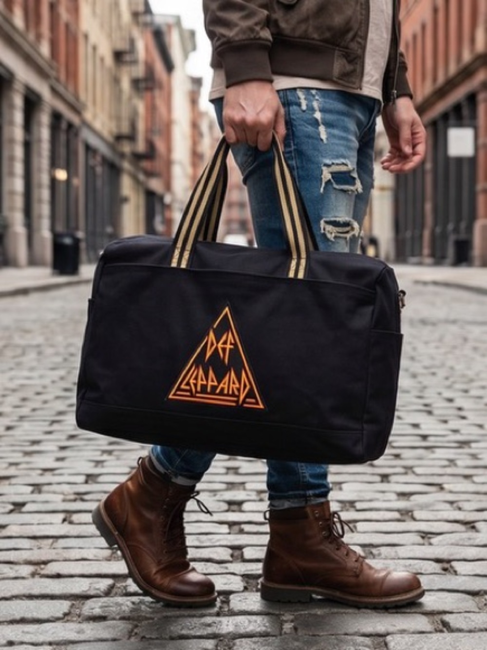 RARE DEF LEPARD Canvas Black Weekend Duffel Bag with Striped Handles